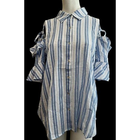 NWT Doe & Rae M Cold Shoulder Button Front Blouse Blue White Striped Ruffled NWT - Picture 1 of 4